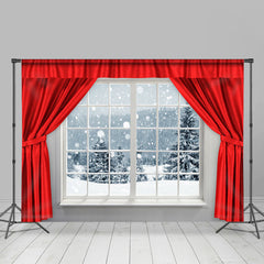 Lofaris Red Curtain White Window With Snowy Winter Backdrop
