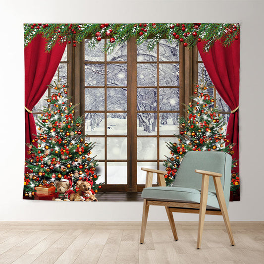 Lofaris Red Curtain Wood Windows Winter Merry Christmas Backdrop