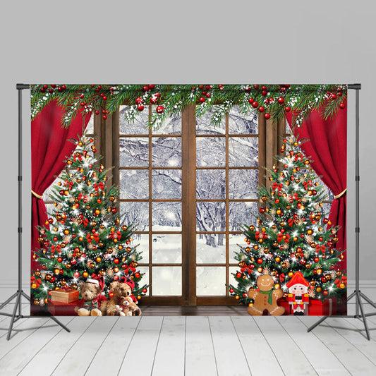 Lofaris Red Curtain Wood Windows Winter Merry Christmas Backdrop