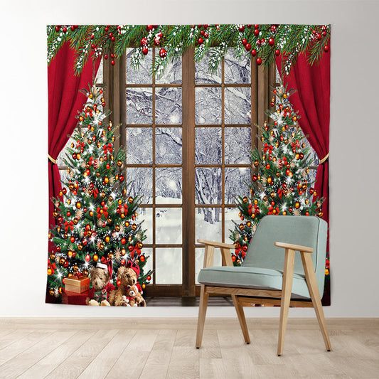 Lofaris Red Curtain Wood Windows Winter Merry Christmas Backdrop