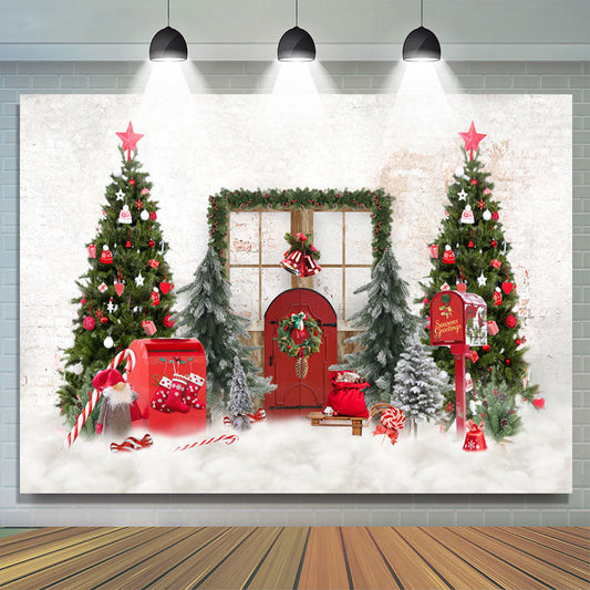 Lofaris Red Door And Christmas Green Tree White Backdrop For Party