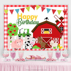 Lofaris Red Farm House And Animals Happy Birthday Backdrop