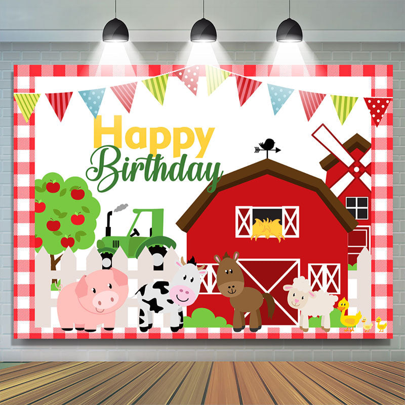Lofaris Red Farm House And Animals Happy Birthday Backdrop