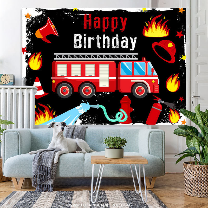 Lofaris Red Fire Truck Black Birthday Backdrop Banner For Boy