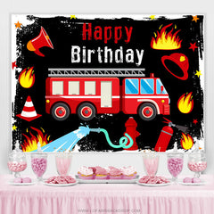 Lofaris Red Fire Truck Black Birthday Backdrop Banner For Boy