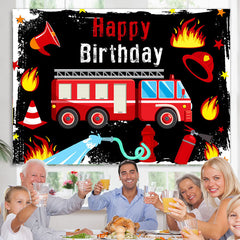 Lofaris Red Fire Truck Black Birthday Backdrop Banner For Boy