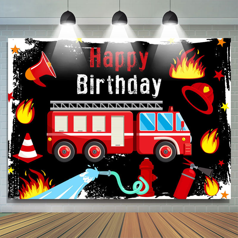 Lofaris Red Fire Truck Black Birthday Backdrop Banner For Boy