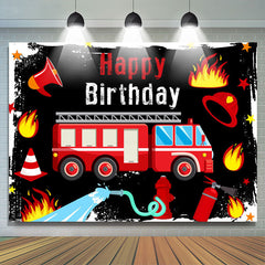 Lofaris Red Fire Truck Black Birthday Backdrop Banner For Boy