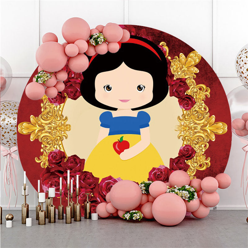 Lofaris Red Floral And Gold Round Princess Birthday Backdrop