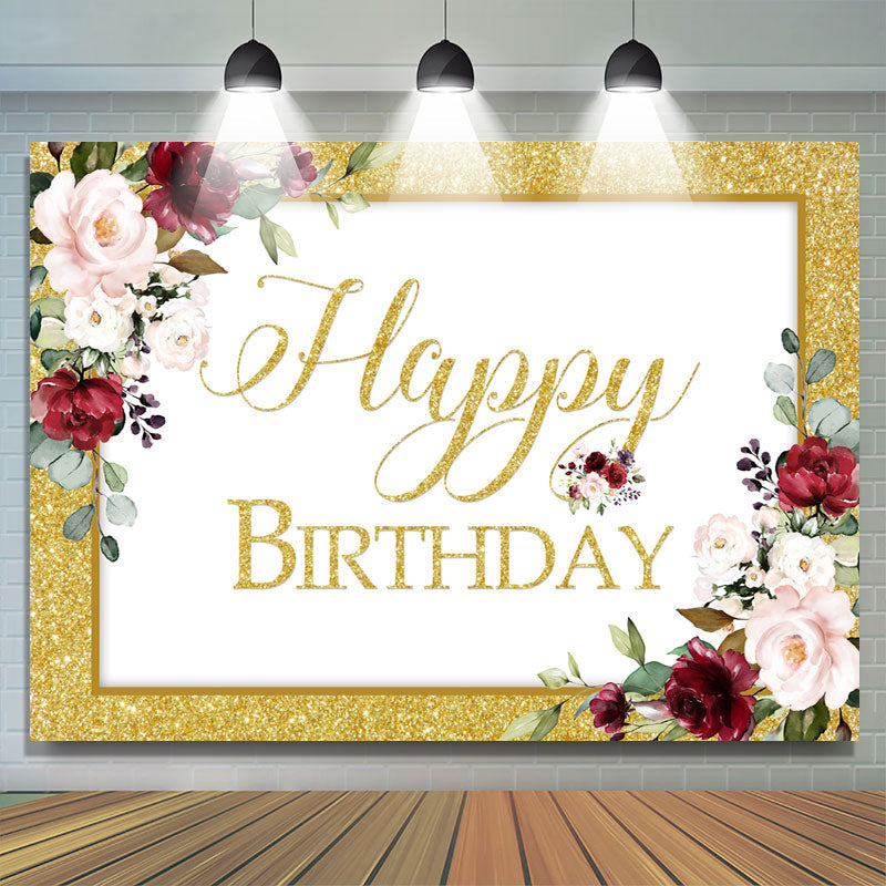 Lofaris Red Floral And Golden Glitter Happy Birthday Backdrop