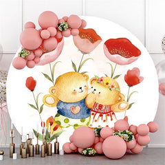 Lofaris Red Floral And Teddy Bears Round Valentines Backdrop