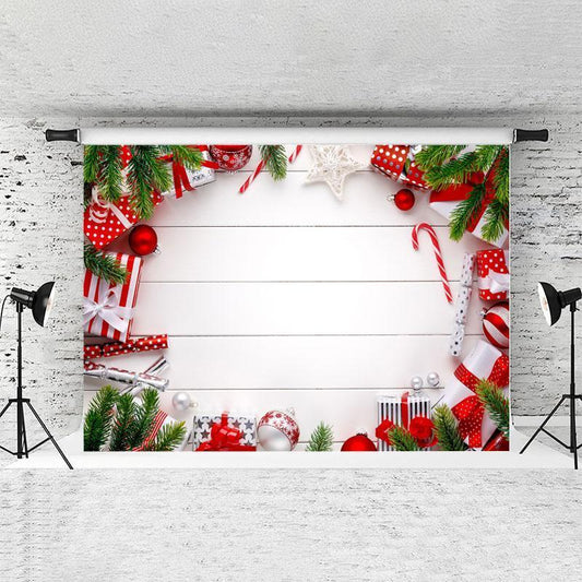 Lofaris Red Gifts And White Wood Backdrop For Merry Chrismas