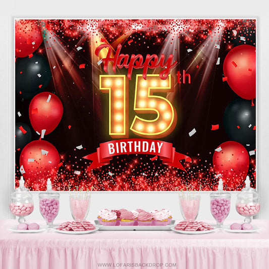 Lofaris Red Glitter Bokeh Balloons Black 15th Birthday Backdrop