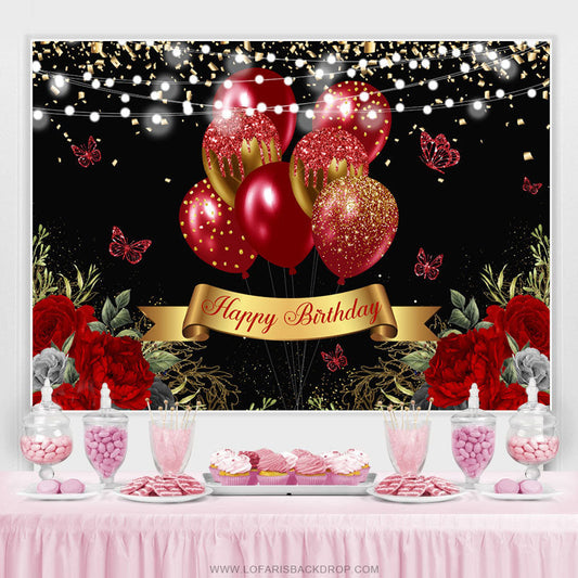 Lofaris Red Glitter Butterfly Gold Happy Birthday Backdrop