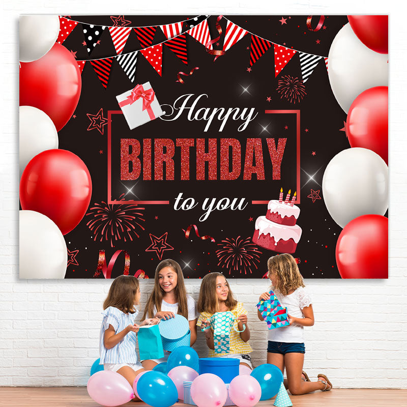 Lofaris Red Glitter Flags And Balloons Happy Birthday Backdrop