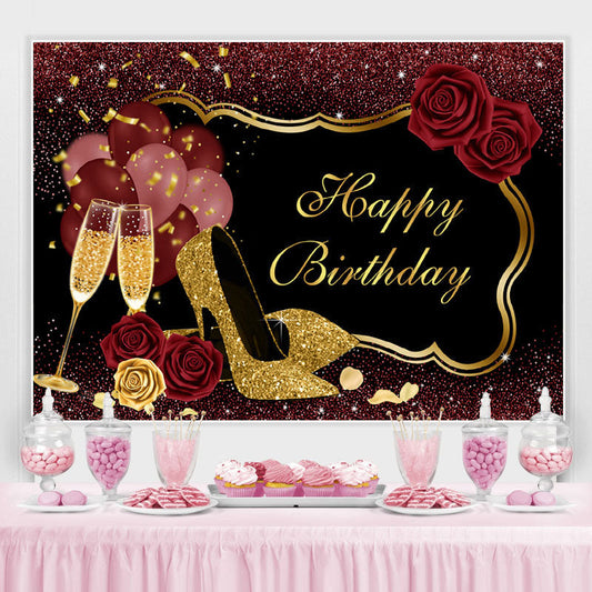 Lofaris Red Glitter Floral Balloon Happy Birthday Backdrop