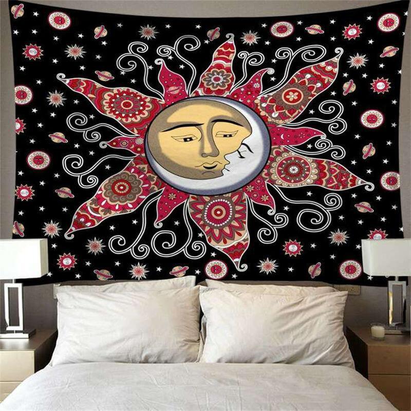 Lofaris Red Gold Sun And Moon Bohemian Abstract Wall Tapestry