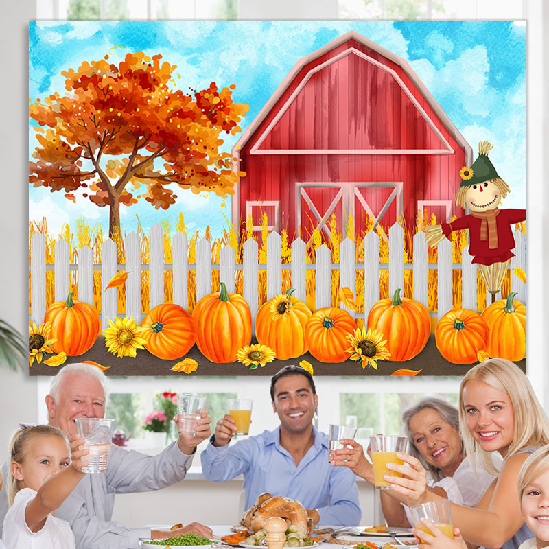 Lofaris Red House White Fence Scarecrow Pumpkin Autumn Backdrop