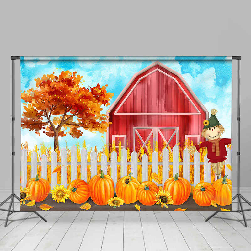 Lofaris Red House White Fence Scarecrow Pumpkin Autumn Backdrop