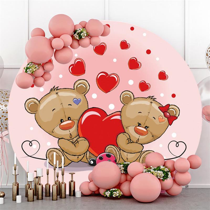Lofaris Red Love And Bear Round Pink Girls Baby Shower Backdrop