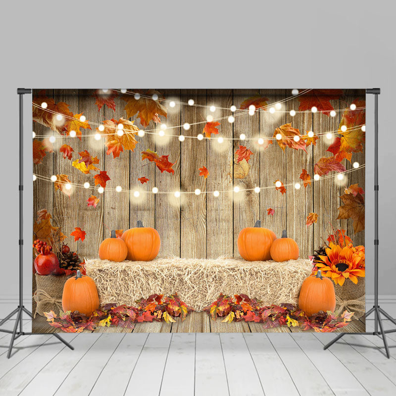 Lofaris Red Maple Leaves and Pumpkin Wood Backdrop for Autumn