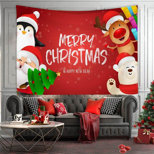 Lofaris Red Merry Christmas Theme Animal Tree Wall Tapestry