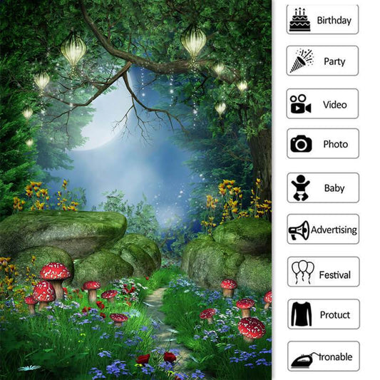 Lofaris Red Mushrooms Glitter Lights Spring Night Backdrop