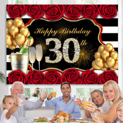Lofaris Red Rose And Gold Balloon Happy 30Th Birthday Backdrop