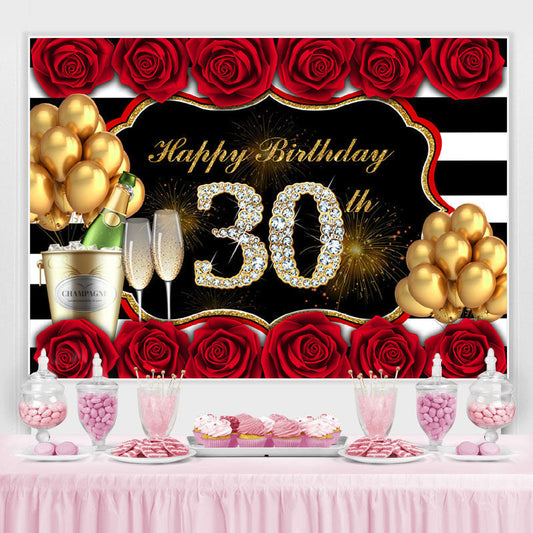 Lofaris Red Rose And Gold Balloon Happy 30Th Birthday Backdrop