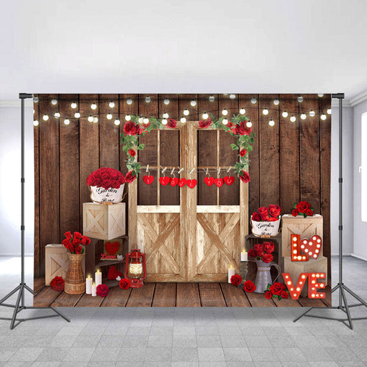 Lofaris Red Rose And Light Wood Door Backdrop For Decoration