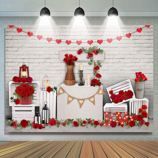 Lofaris Red Rose And White Brick Theme Backdrop For Decoration