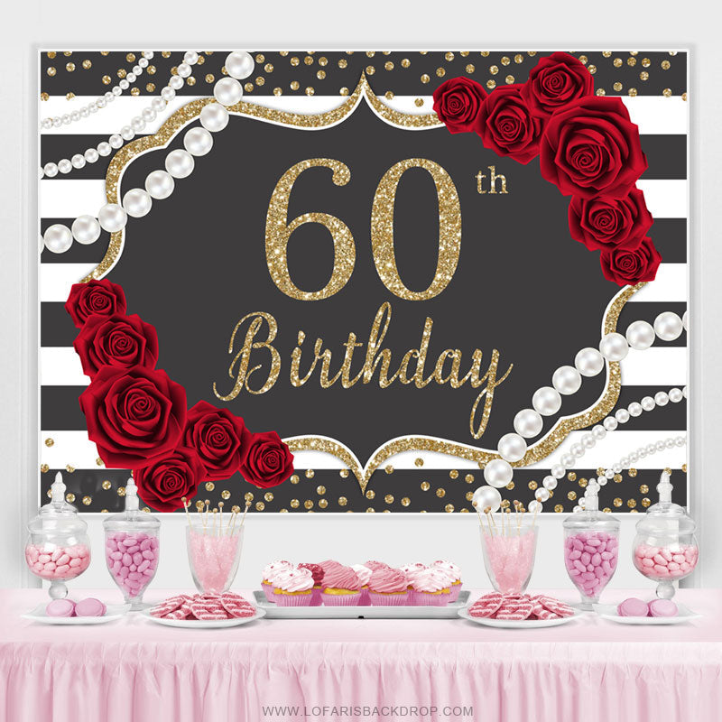 Lofaris Red Rose Dark Gery Glitter Happy 60Th Birthday Backdrop