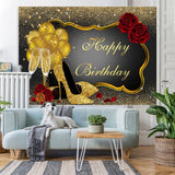 Load image into Gallery viewer, Lofaris Red Rose Floral Glitter Gold Happy Birthday Backdrop