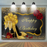 Load image into Gallery viewer, Lofaris Red Rose Floral Glitter Gold Happy Birthday Backdrop