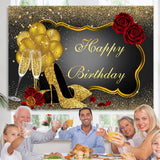 Load image into Gallery viewer, Lofaris Red Rose Floral Glitter Gold Happy Birthday Backdrop