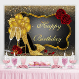 Load image into Gallery viewer, Lofaris Red Rose Floral Glitter Gold Happy Birthday Backdrop
