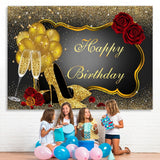 Load image into Gallery viewer, Lofaris Red Rose Floral Glitter Gold Happy Birthday Backdrop