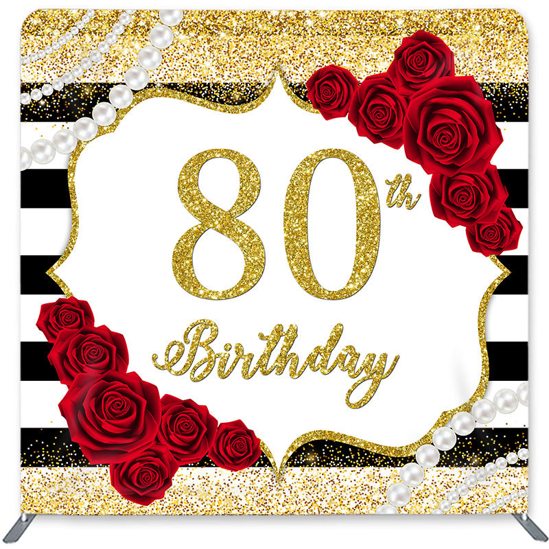 Lofaris Red Rose Glitter 80th Double-Sided Backdrop for Birthday