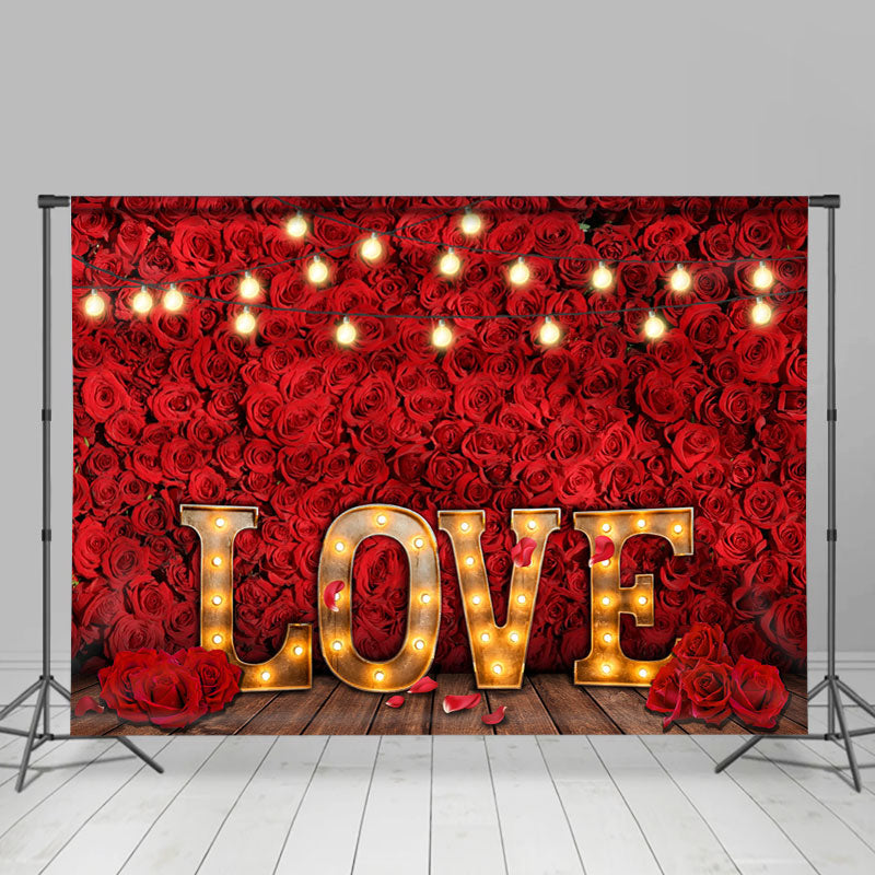 Lofaris Red Roses And Love Light Wood Backdrop For Valentines