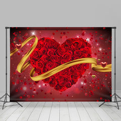 Lofaris Red Roses Heart With Gloden Ribbon Valentines Backdrop
