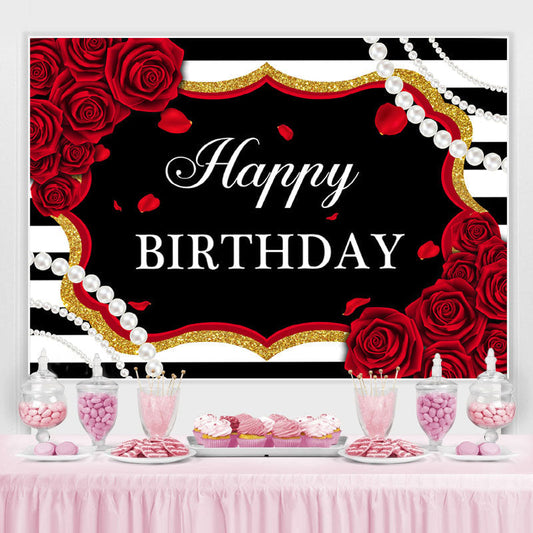 Lofaris Red Roses White And Black Stripe Pearl Birthday Backdrop