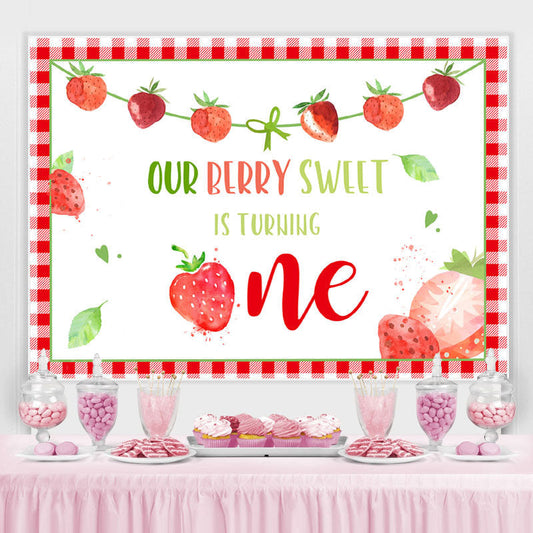 Lofaris Red Squares Lovely Strawberries 1st Birthday Backdrop