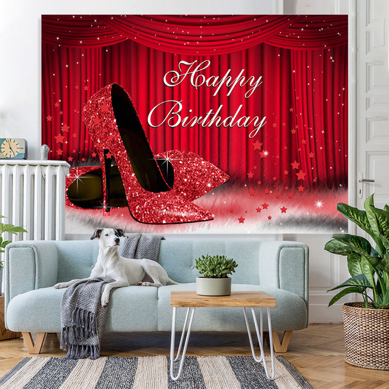 Lofaris Red Stage and High Heel Glitter Happy Birthday Backdrop
