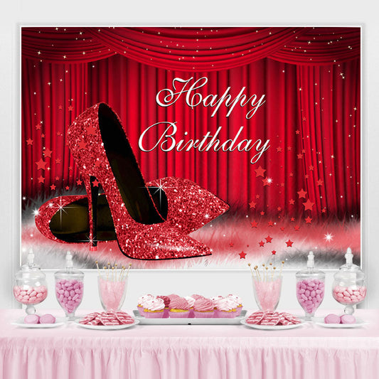 Lofaris Red Stage and High Heel Glitter Happy Birthday Backdrop