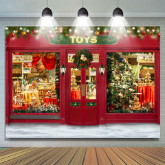Lofaris Red Toy Store With Christmas Wreath Holiday Backdrop
