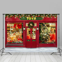 Lofaris Red Toy Store With Christmas Wreath Holiday Backdrop