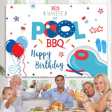 Load image into Gallery viewer, Lofaris Red White and Pool Bbq Balloon Happy Birthday Backdrop