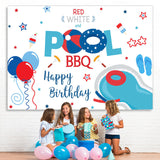 Load image into Gallery viewer, Lofaris Red White and Pool Bbq Balloon Happy Birthday Backdrop