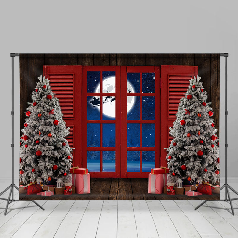 Lofaris Red Window With Christmas Tree Gift Holiday Backdrop