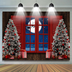 Lofaris Red Window With Christmas Tree Gift Holiday Backdrop
